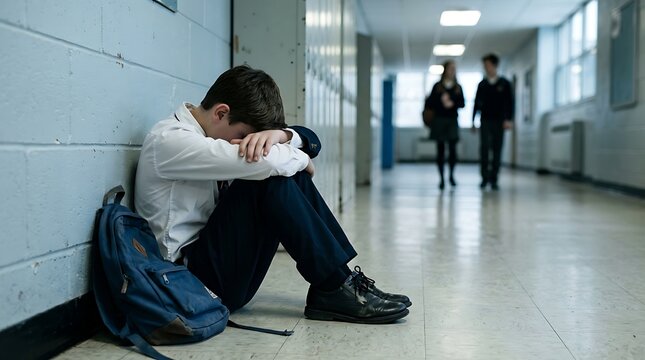 Sad schoolboy sitting alone on floor against wall in hallway with head in hands while other students walk by in background during busy school day representing loneliness and bullying