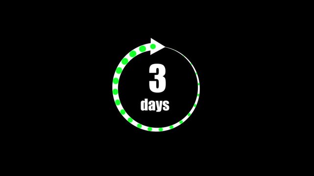 3 days countdown timer animation with circular green loading progress bar on black background, clock