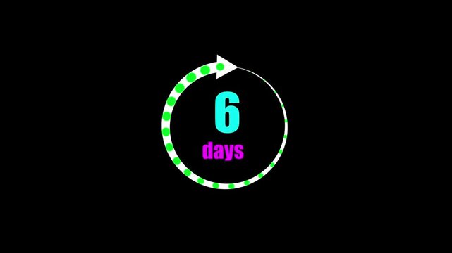 6 days countdown timer animation with circular progress indicator on black background, digital
