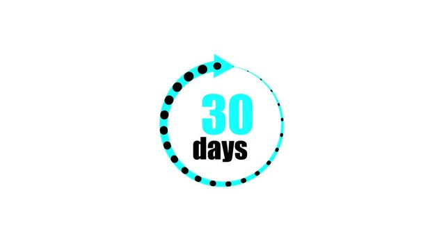 30 days countdown timer animation, circular progress bar with arrow, motion for business deadlines and marketing campaigns