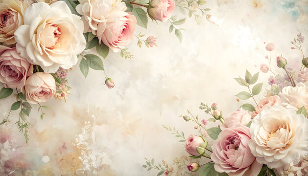 Faded blush roses and dusty peonies bleeding into a distressed surface evoking a romantic mood generative AI
