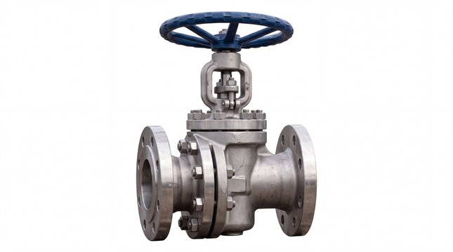 Industrial stainless steel gate valve featuring a large blue handle for controlling fluid flow inside high pressure pipes on white background
