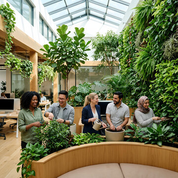 Diverse team tending to indoor vertical garden in modern office
