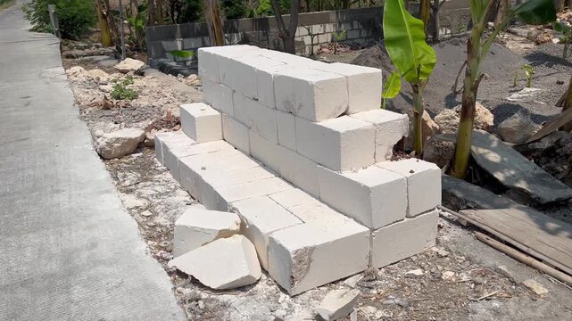 Stack of lightweight concrete blocks or hebel bricks at a residential building construction site