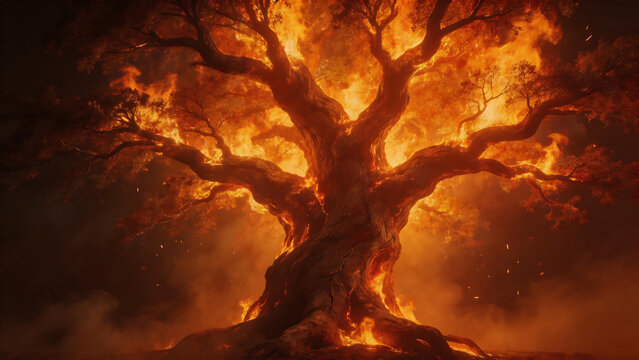 Giant tree engulfed in flames