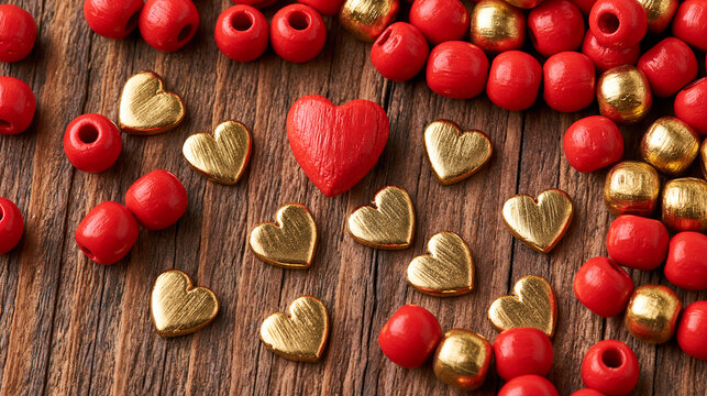 Red Beads and Mini Gold Hearts on Rustic Wooden Background for Valentine&rsquo;s Day