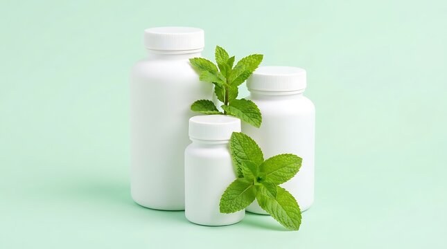 Three white blank supplement bottles with fresh green mint leaves on soft light green background for natural health and wellness product branding mockups in professional studio photography shot