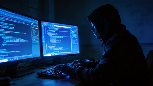 Person coding on dual monitors in dark room