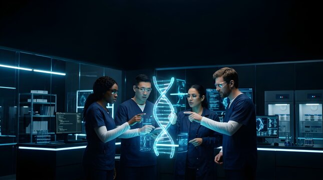 Diverse scientists analyzing a glowing digital DNA strand in a modern lab