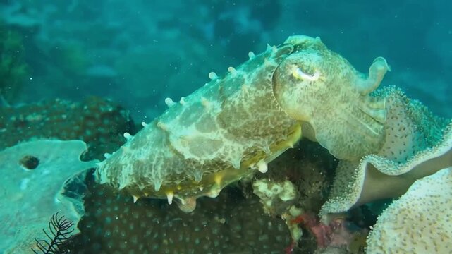 Broadclub cuttlefish camouflaging on a tropical coral reef underwater