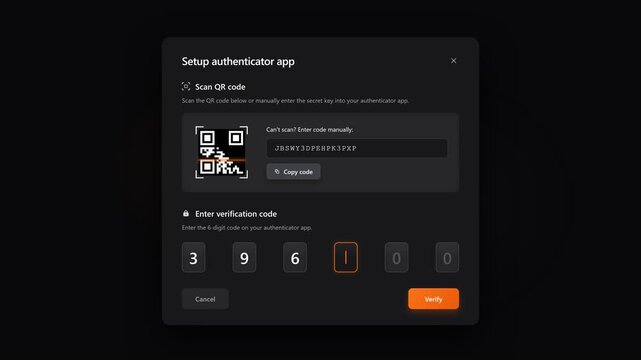 Setting up authenticator app by scanning QR code and entering verification code on digital screen