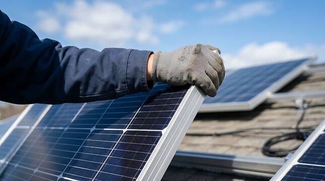 Solar panel installation on residential roof, technician hand in work glove mounting photovoltaic module, sustainable renewable energy system for home power and electricity efficiency.
