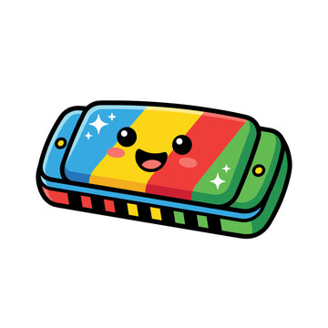 Cute harmonica cartoon sticker, cheerful hand drawn vector clipart for kids nursery design