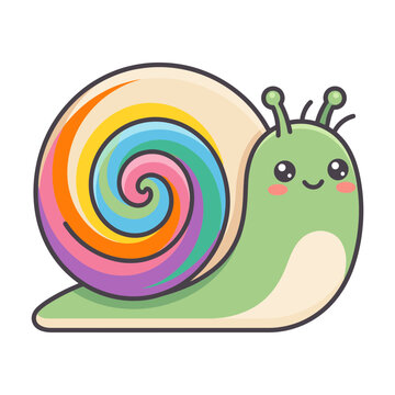 Cute snail with spiral shell cartoon sticker, cheerful hand drawn vector clipart for kids nursery design