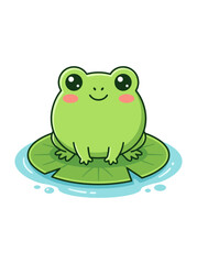Fototapeta premium Cute frog on lily pad cartoon sticker, cheerful hand drawn vector clipart for kids nursery design