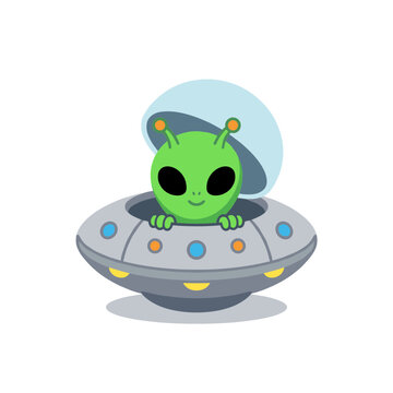 Cute alien in spaceship cartoon sticker, cheerful hand drawn vector clipart for kids nursery design