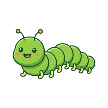 Cute green caterpillar cartoon sticker, cheerful hand drawn vector clipart for kids nursery design