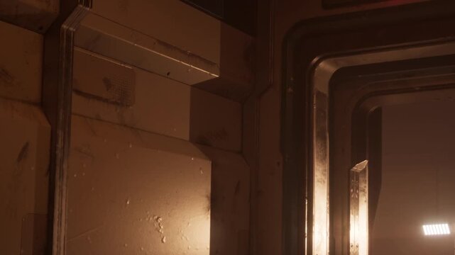 A corridor with metal walls and low light. The design suggests a futuristic or sci fi environment. The corridor has reflections and shadows creating a distinct look.