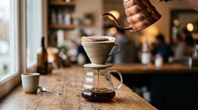 Making pour over coffee by hand with copper kettle and stoneware dripper in cozy cafe.