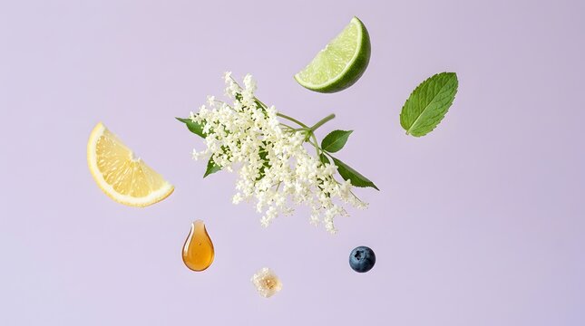 Elderflower blossoms with lime mint honey and berries on purple