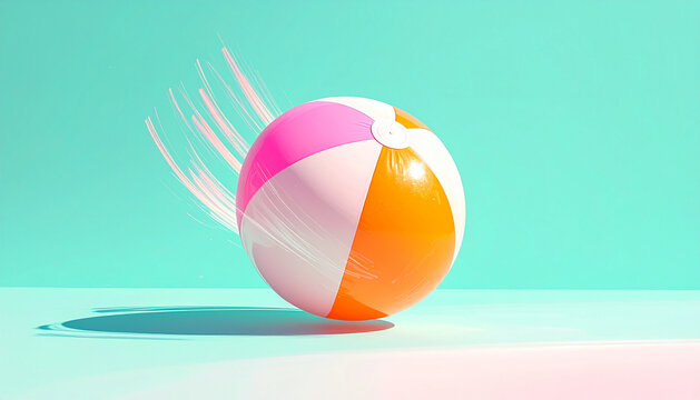 Beach ball caught mid bounce with faint motion streaks on clean mint studio background generative AI