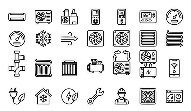 HVAC cooling and ventilation editable line icon collection featuring AC units thermostats airflow fans filters compressors heat pumps and climate control systems
