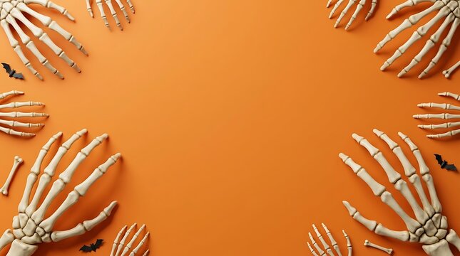 Halloween background with skeleton hands and bats on orange