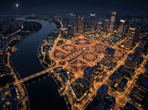 Aerial futuristic diwali cityscape at night with illuminated plaza rangoli patterns for urban concept background and festival design