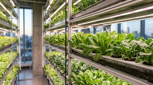 Modern indoor vertical farm with rows of leafy greens and herbs under bright LED lights.