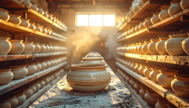 Kiln shelves with bisque fired ceramic pieces cooling in warm ambient workshop glow generative AI