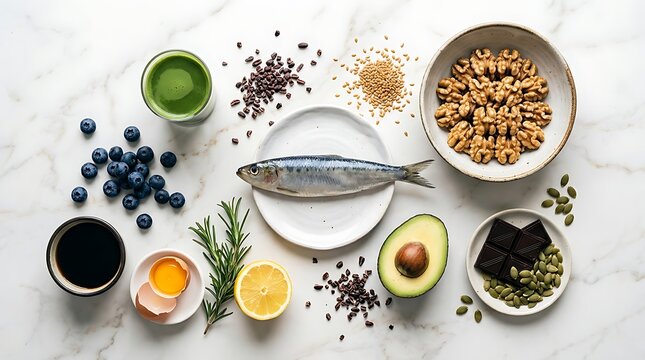 Top view of healthy superfood ingredients including sardines and blueberries and avocado and nuts and dark chocolate and seeds on white marble surface for clean eating and nutrition photography