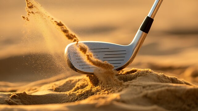 Golf club striking sand during a bunker shot on a sunny course