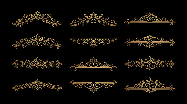 Golden ornamental dividers, elegant decorative elements, luxury design accents, ornate flourishes set isolated on White Background