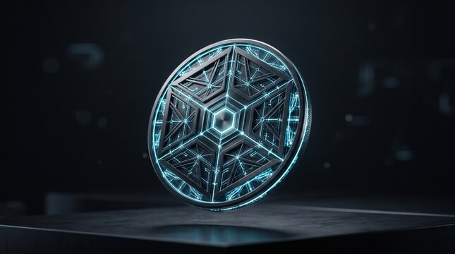 Glowing digital cryptocurrency coin with futuristic geometric patterns on dark background