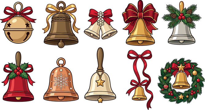 Christmas holiday bells vector element set featuring festive gold silver red and bronze decorative jingle bells with ribbons and wreath