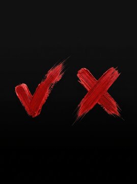 Red Painted Check Mark and Cross Symbol on Black Background, Artistic Yes and No Icons for Decision Making