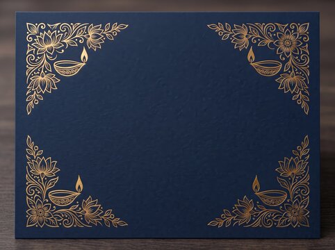 Elegant navy diwali greeting card background with gold floral corners and diyas for festival invitation and celebration design