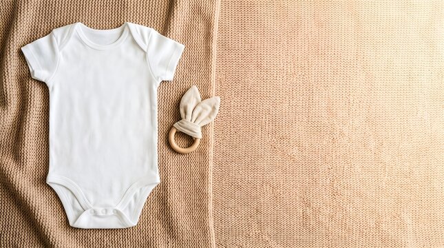 Cute baby nursery flat lay with blank white onesie mockup