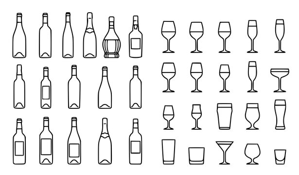 Set of various wine bottles and stemware glassware icons in outline vector style with stemware glassware beverage restaurant champagne collection handdrawn celebration hospitality