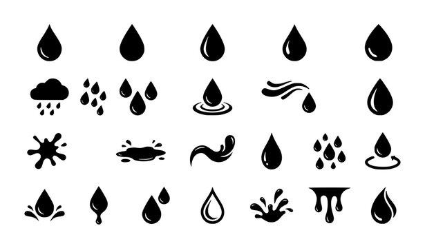 Set of water drop icons and weather rain symbols in black and white silhouette with environment collection silhouette abstract condensation moisture hydration elemental atmosphere
