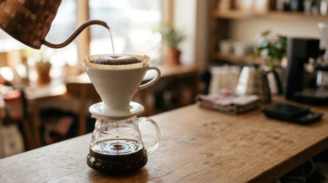Pour over coffee brewing with hot water from kettle into filter set on glass carafe in cafe.