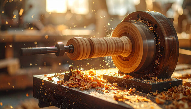 Wood lathe with turning blank and tool rest in warm cinematic workshop light generative AI