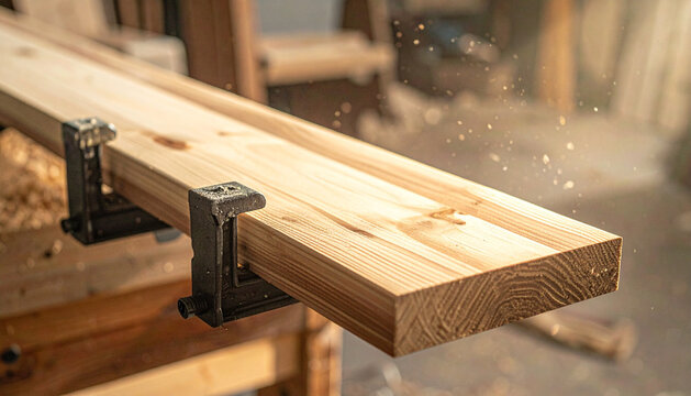 Wood clamps holding freshly glued panel in warm cinematic workshop side light generative AI