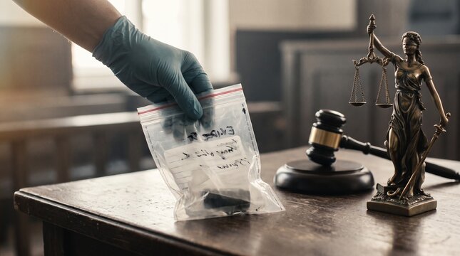 Evidence Placed Beside Lady Justice and Gavel in Courtroom Investigation