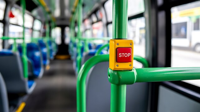 Modern city bus interior with emergency stop button and passenger seats
