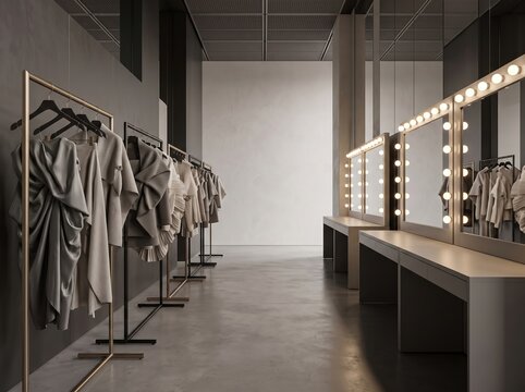 Fashion backstage dressing room with illuminated vanity mirrors and clothing racks for editorial backstage background and set design