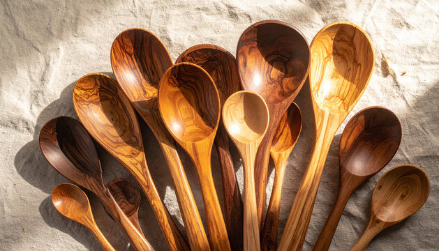 Collection of carved wooden spoons displayed on linen in warm cinematic side light generative AI