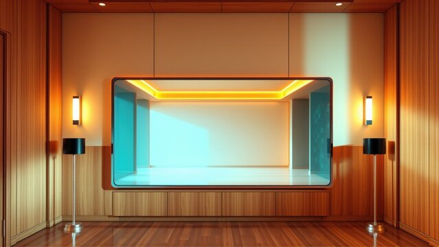 Minimalist room features recessed lighting, wood paneling, sleek design. Central illuminated niche creates focal point, modern aesthetic.