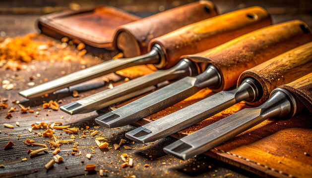 Row of chisels lined up on leather tool roll showing fine tool steel detail generative AI