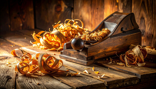 Rustic workbench with hand planes and curled wood shavings in warm cinematic light generative AI